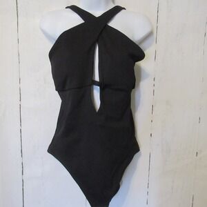 Becca Swimsuit XXL Black Ribbed One Piece Cut Out Halter Neck Tank Minimalist